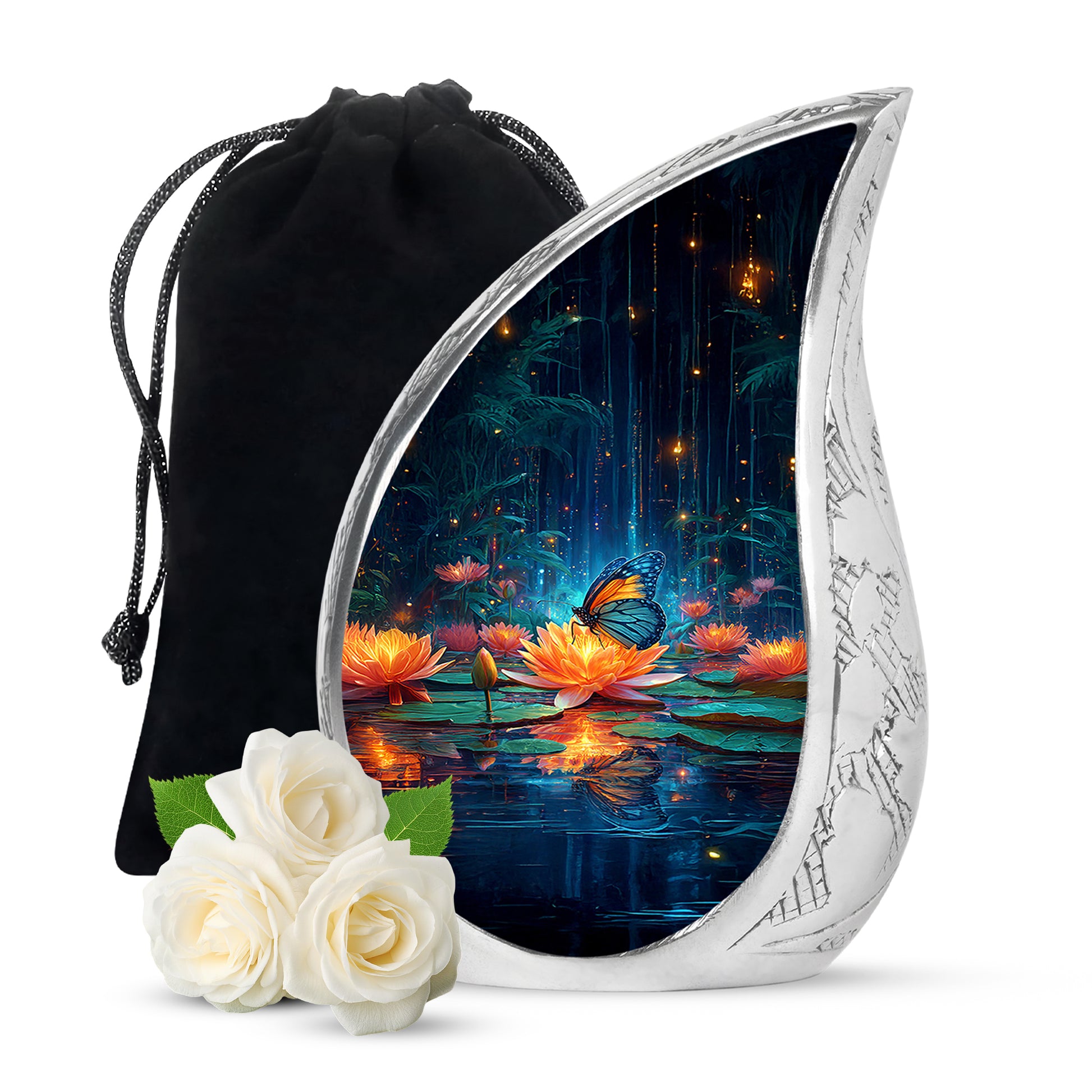 Cobalt Blue Butterfly Cremation Urn front view showing detailed design - smooth teardrop contour featuring butterfly art - full-size 10 inch 200 cubic inch adult cremation urn