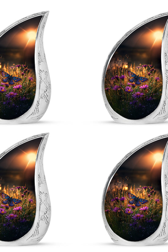 Warm Gold Butterfly Cremation Urn close-up of engraving and surface detail - smooth teardrop contour featuring butterfly art - 10 inch aluminum urn for cremated remains