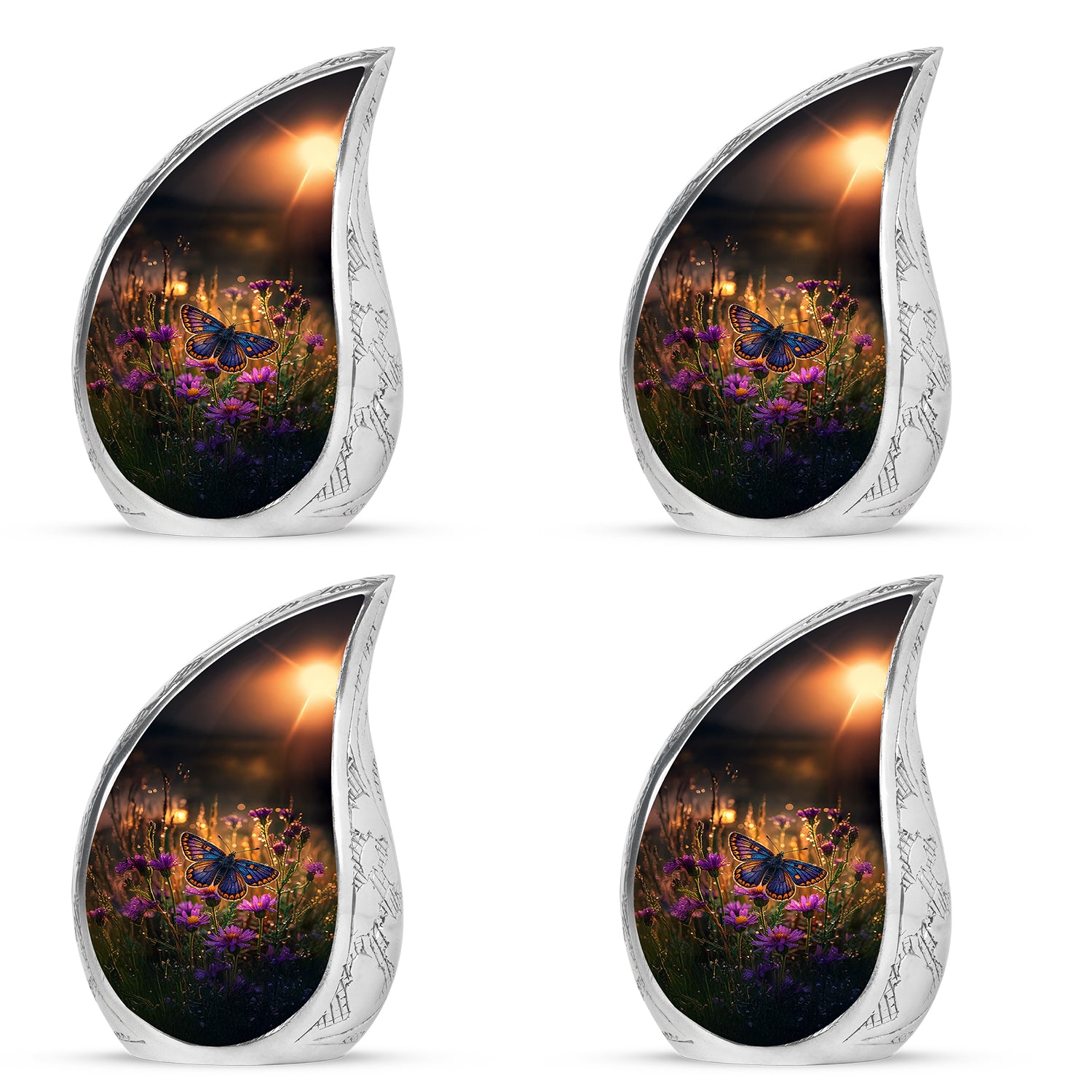 Warm Gold Butterfly Cremation Urn close-up of engraving and surface detail - smooth teardrop contour featuring butterfly art - 10 inch aluminum urn for cremated remains