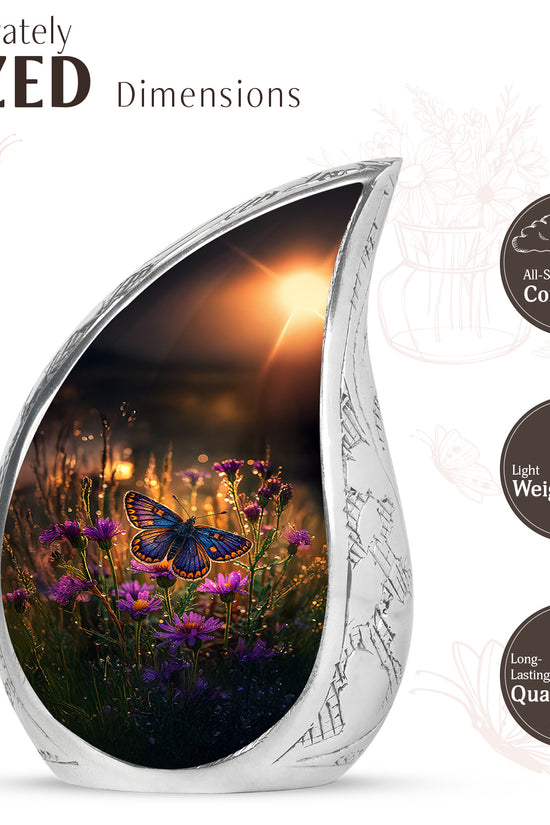 Matte Gold Butterfly Cremation Urn angled view of lid and engraved motif - smooth teardrop contour featuring butterfly art - mini keepsake memorial for portion of cremation ashes