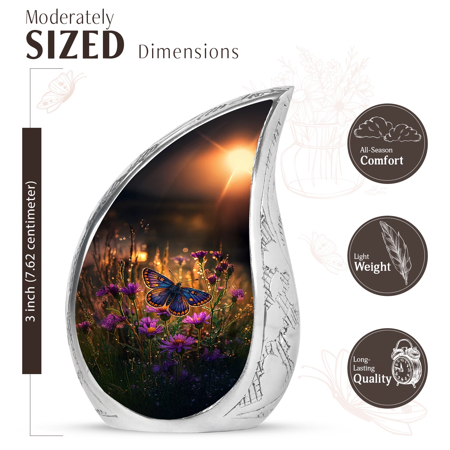 Matte Gold Butterfly Cremation Urn angled view of lid and engraved motif - smooth teardrop contour featuring butterfly art - mini keepsake memorial for portion of cremation ashes