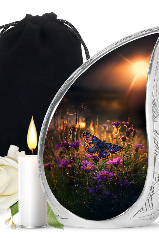Matte Gold Butterfly Cremation Urn front view showing detailed design - graceful tear-shaped urn with butterfly motif - full-size 10 inch 200 cubic inch adult cremation urn
