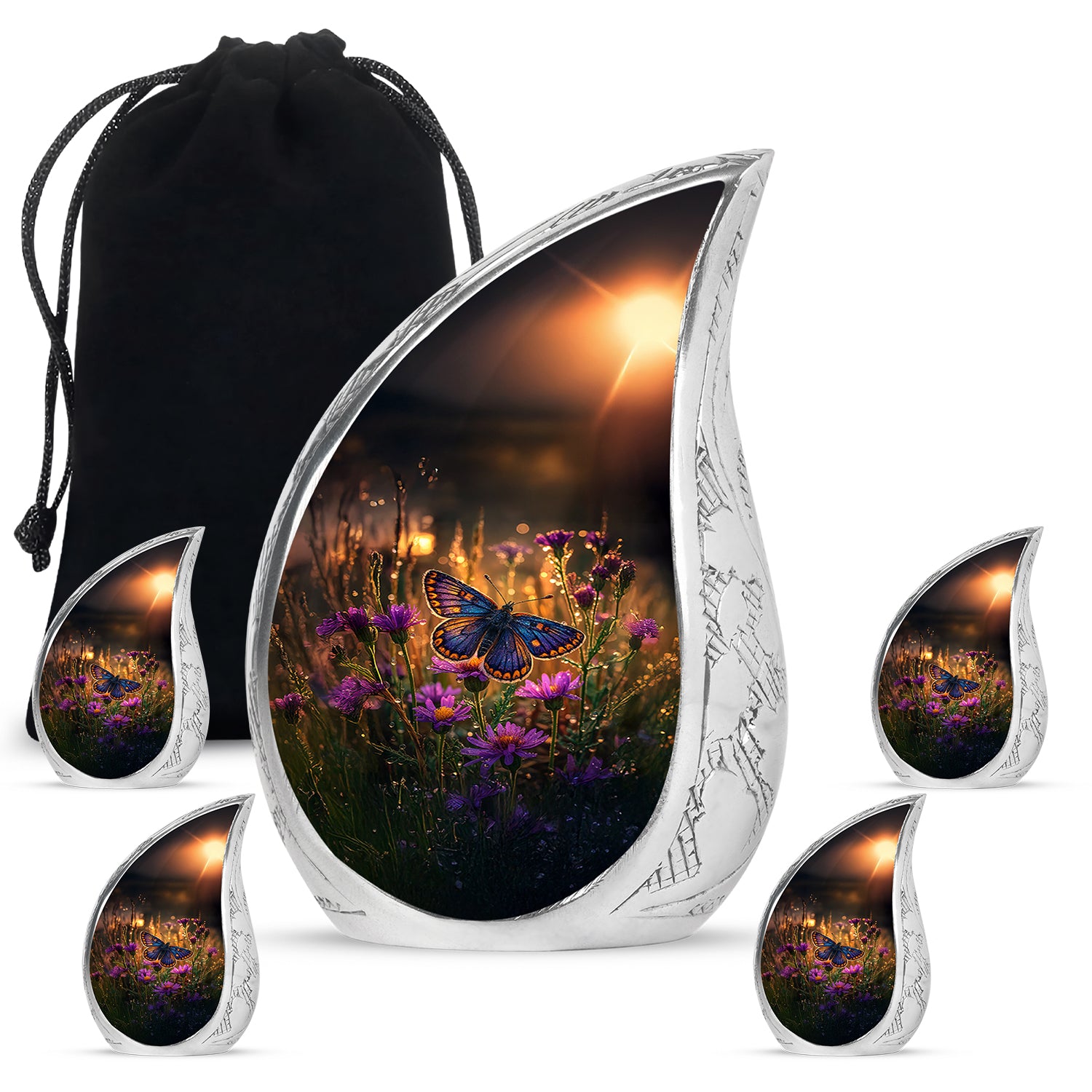 Amber Gold Butterfly Cremation Urn side profile showing urn shape - flowing teardrop butterfly silhouette on curved aluminum - memorial set with one large and four small urns