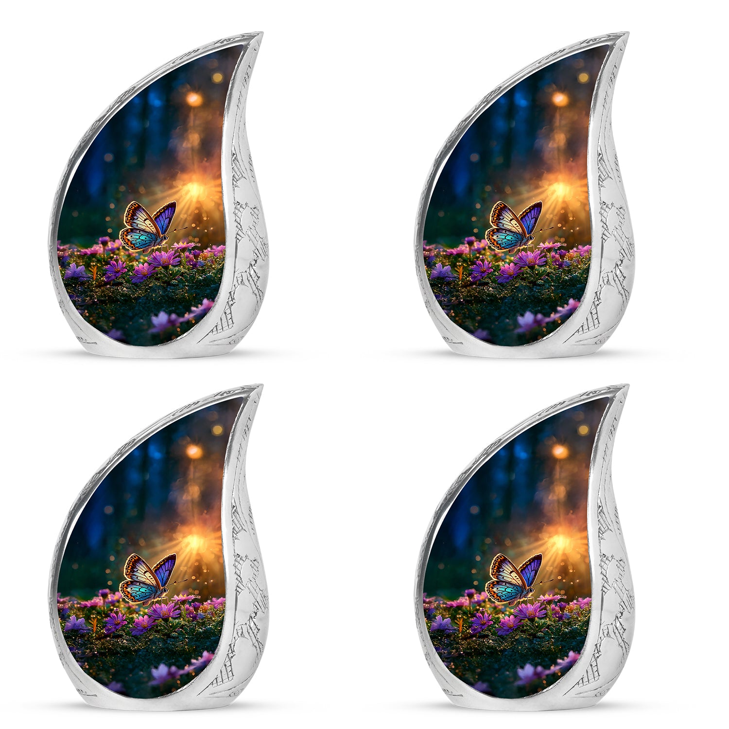Matte Gold Butterfly Cremation Urn close-up of engraving and surface detail - graceful tear-shaped urn with butterfly motif - 10 inch aluminum urn for cremated remains