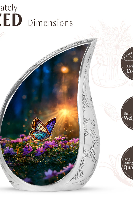 Matte Gold Butterfly Cremation Urn angled view of lid and engraved motif - smooth teardrop contour featuring butterfly art - mini keepsake memorial for portion of cremation ashes