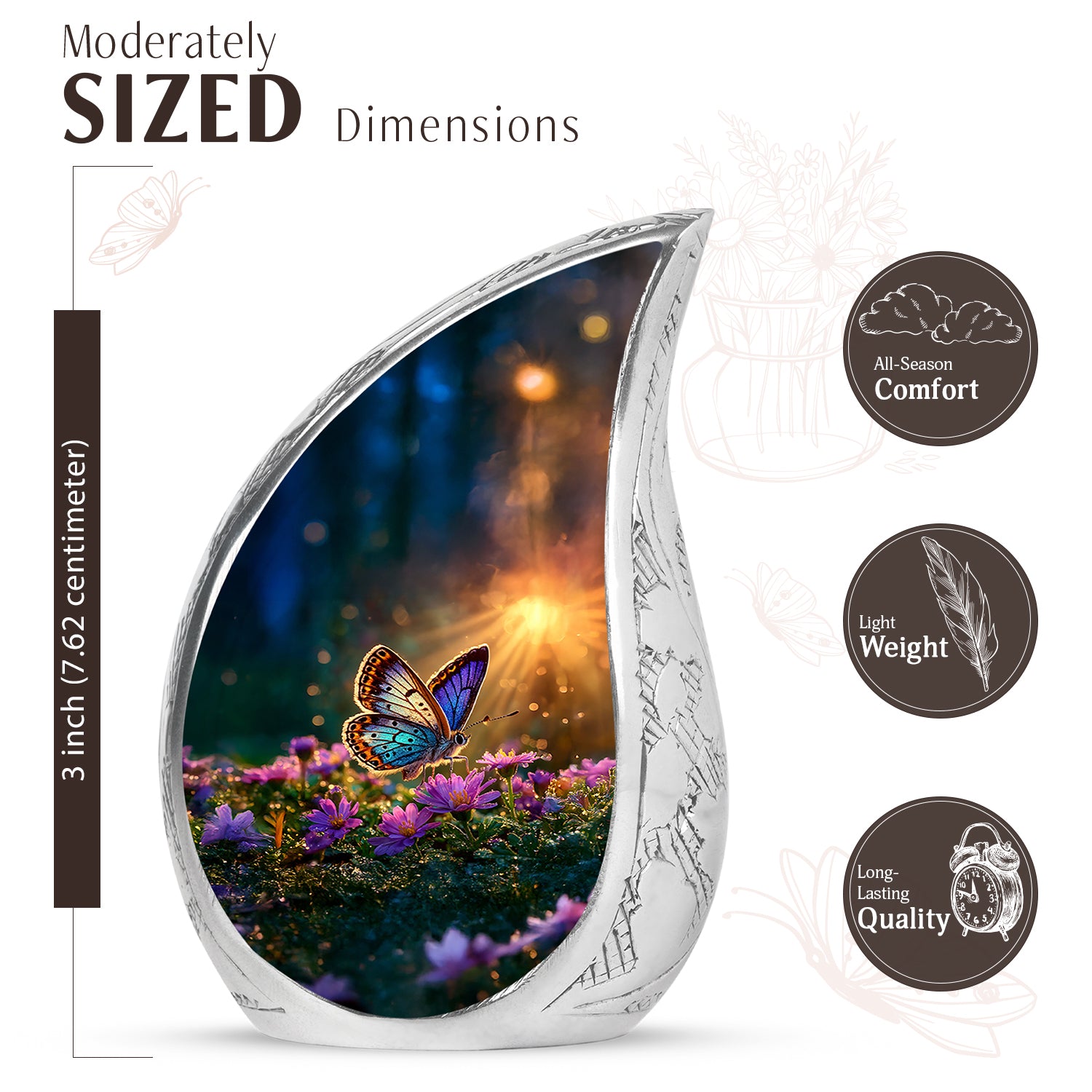 Matte Gold Butterfly Cremation Urn angled view of lid and engraved motif - smooth teardrop contour featuring butterfly art - mini keepsake memorial for portion of cremation ashes