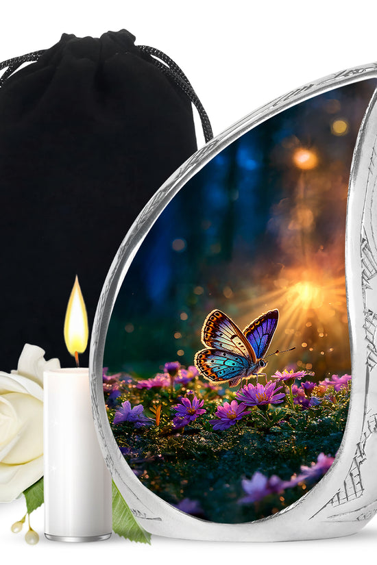 Champagne Gold Butterfly Cremation Urn front view showing detailed design - rounded teardrop butterfly design with delicate detail - full-size 10 inch 200 cubic inch adult cremation urn