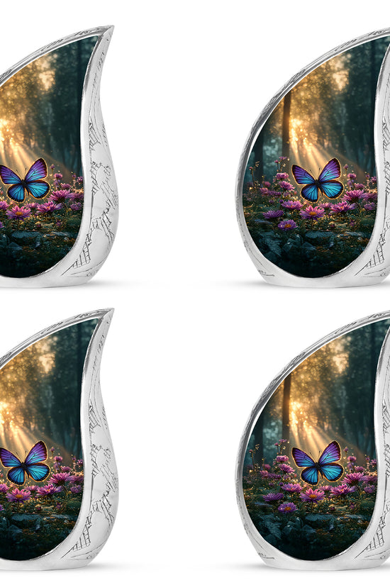 Amber Gold Butterfly Cremation Urn close-up of engraving and surface detail - rounded teardrop butterfly design with delicate detail - 10 inch aluminum urn for cremated remains