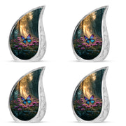 Amber Gold Butterfly Cremation Urn close-up of engraving and surface detail - rounded teardrop butterfly design with delicate detail - 10 inch aluminum urn for cremated remains