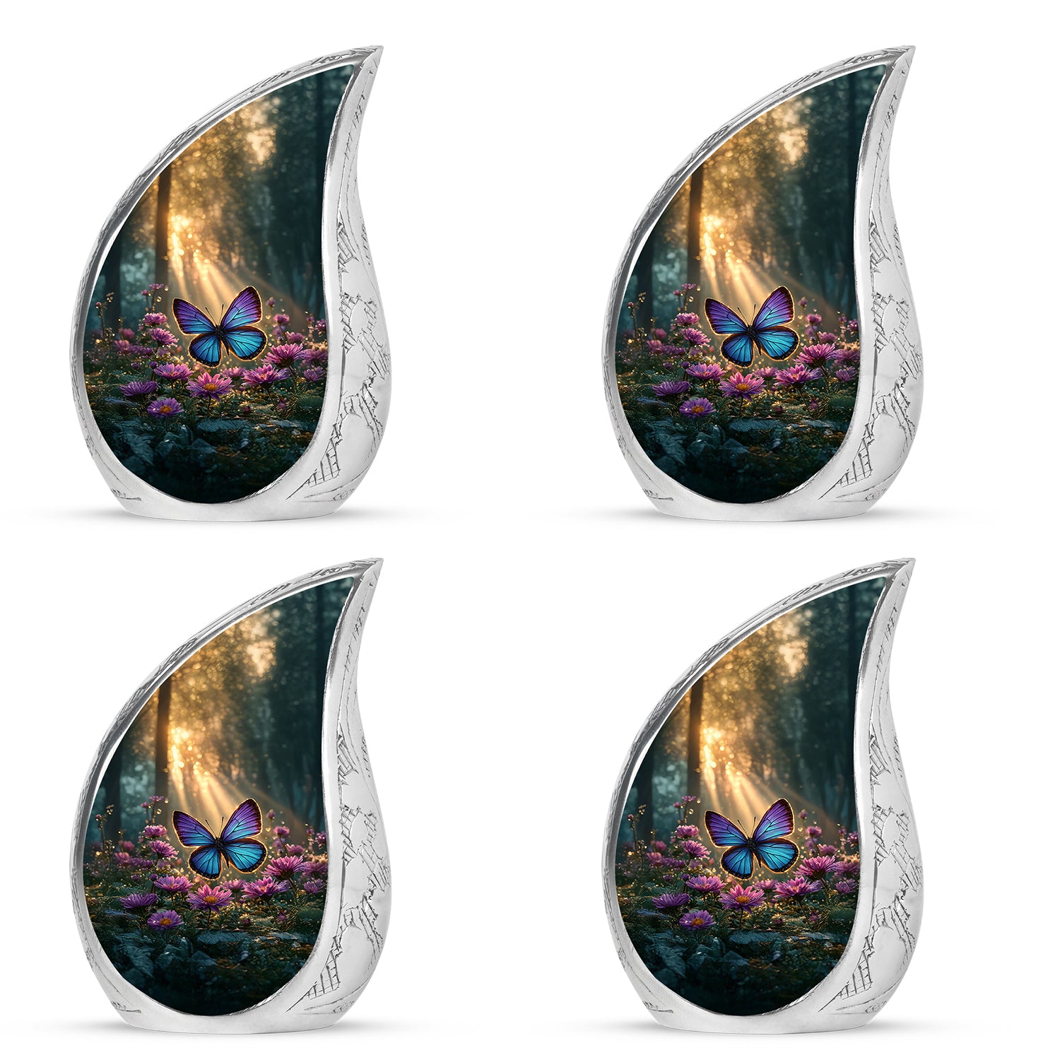 Amber Gold Butterfly Cremation Urn close-up of engraving and surface detail - rounded teardrop butterfly design with delicate detail - 10 inch aluminum urn for cremated remains