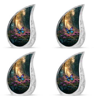 Amber Gold Butterfly Cremation Urn close-up of engraving and surface detail - rounded teardrop butterfly design with delicate detail - 10 inch aluminum urn for cremated remains