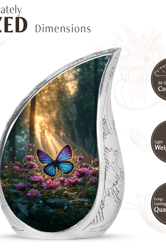 Warm Gold Butterfly Cremation Urn angled view of lid and engraved motif - smooth teardrop contour featuring butterfly art - mini keepsake memorial for portion of cremation ashes