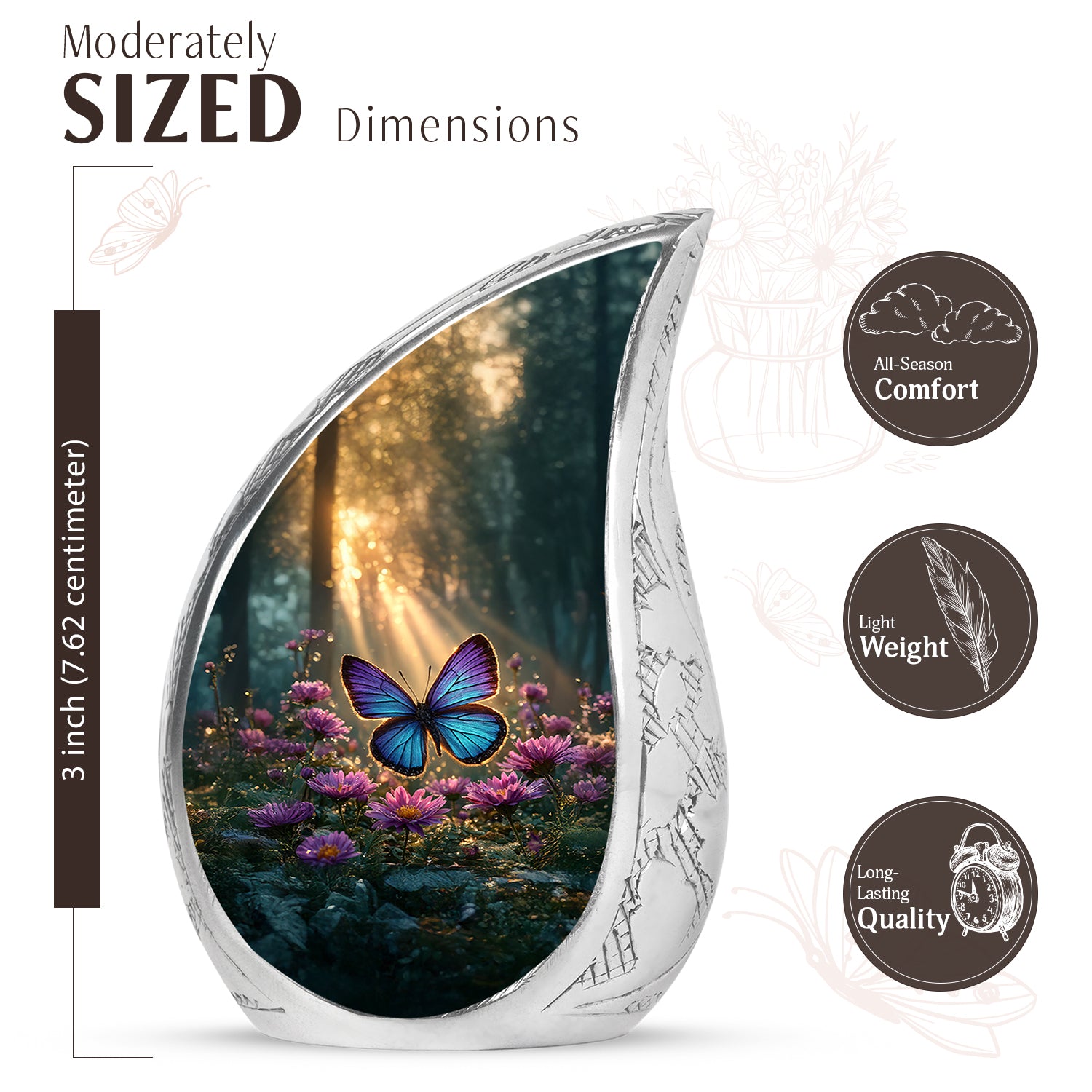 Warm Gold Butterfly Cremation Urn angled view of lid and engraved motif - smooth teardrop contour featuring butterfly art - mini keepsake memorial for portion of cremation ashes