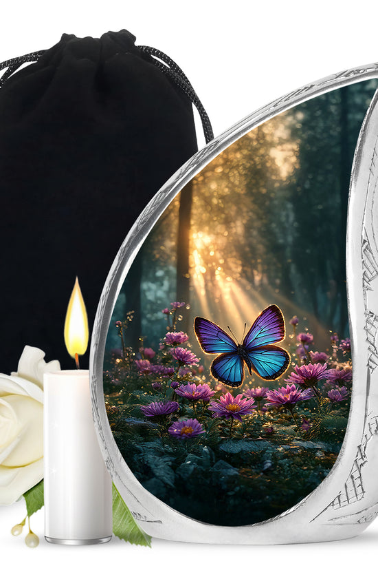 Antique Gold Butterfly Cremation Urn front view showing detailed design - rounded teardrop butterfly design with delicate detail - full-size 10 inch 200 cubic inch adult cremation urn