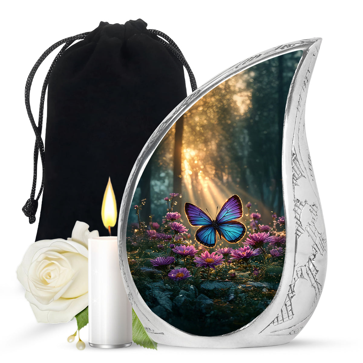 Antique Gold Butterfly Cremation Urn front view showing detailed design - rounded teardrop butterfly design with delicate detail - full-size 10 inch 200 cubic inch adult cremation urn