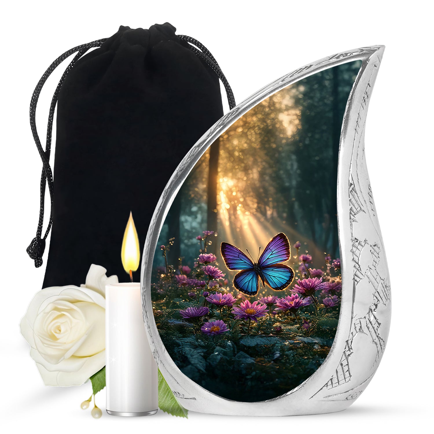 Antique Gold Butterfly Cremation Urn front view showing detailed design - rounded teardrop butterfly design with delicate detail - full-size 10 inch 200 cubic inch adult cremation urn