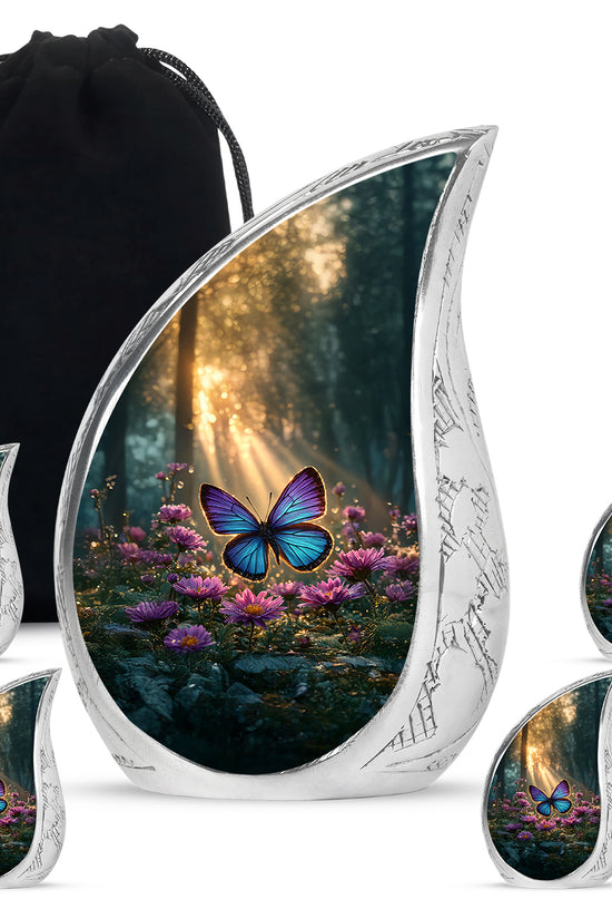 Harvest Gold Butterfly Cremation Urn side profile showing urn shape - smooth teardrop contour featuring butterfly art - memorial set with one large and four small urns