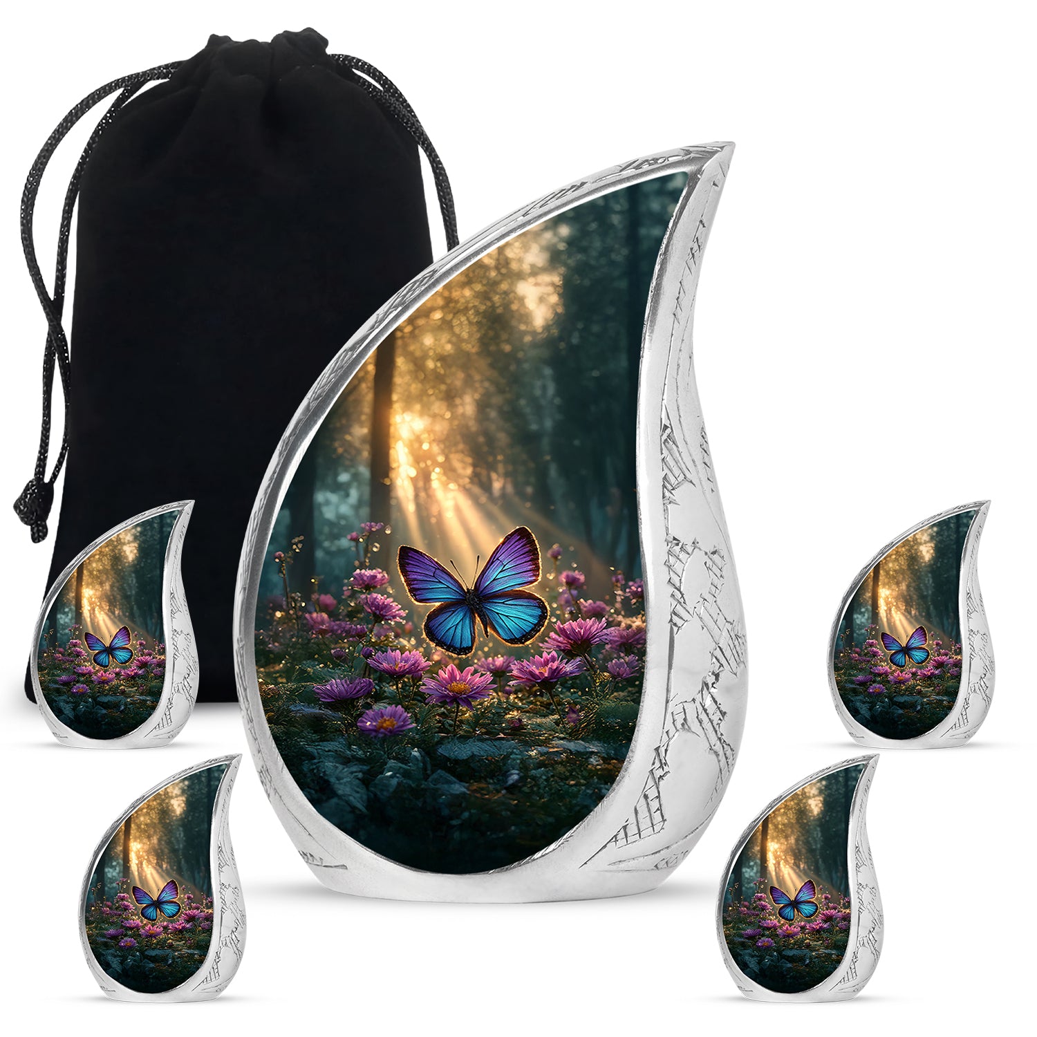 Harvest Gold Butterfly Cremation Urn side profile showing urn shape - smooth teardrop contour featuring butterfly art - memorial set with one large and four small urns