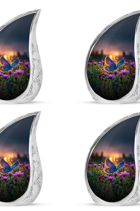 Harvest Gold Butterfly Cremation Urn close-up of engraving and surface detail - smooth teardrop contour featuring butterfly art - 10 inch aluminum urn for cremated remains