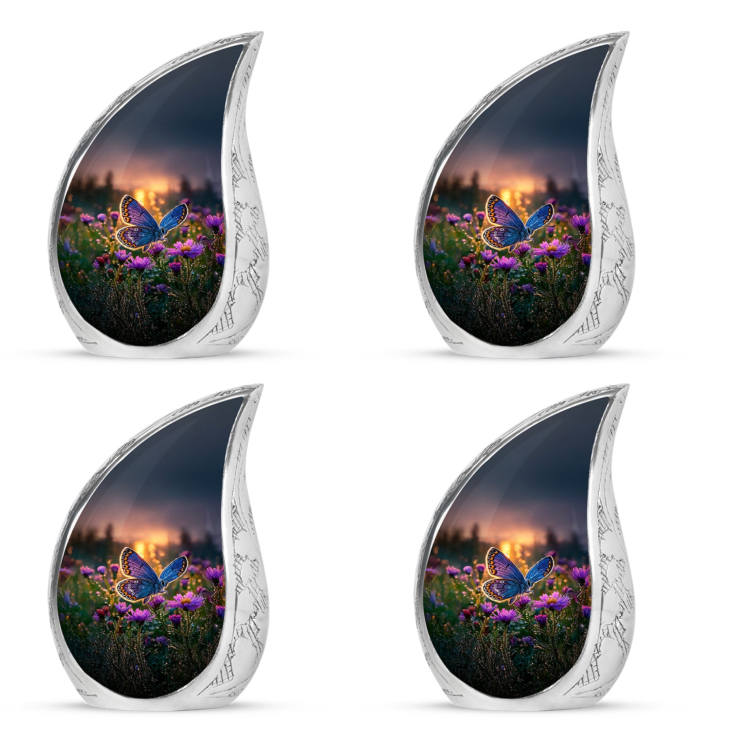 Harvest Gold Butterfly Cremation Urn close-up of engraving and surface detail - smooth teardrop contour featuring butterfly art - 10 inch aluminum urn for cremated remains