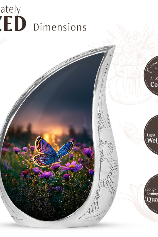 Warm Gold Butterfly Cremation Urn angled view of lid and engraved motif - graceful tear-shaped urn with butterfly motif - mini keepsake memorial for portion of cremation ashes