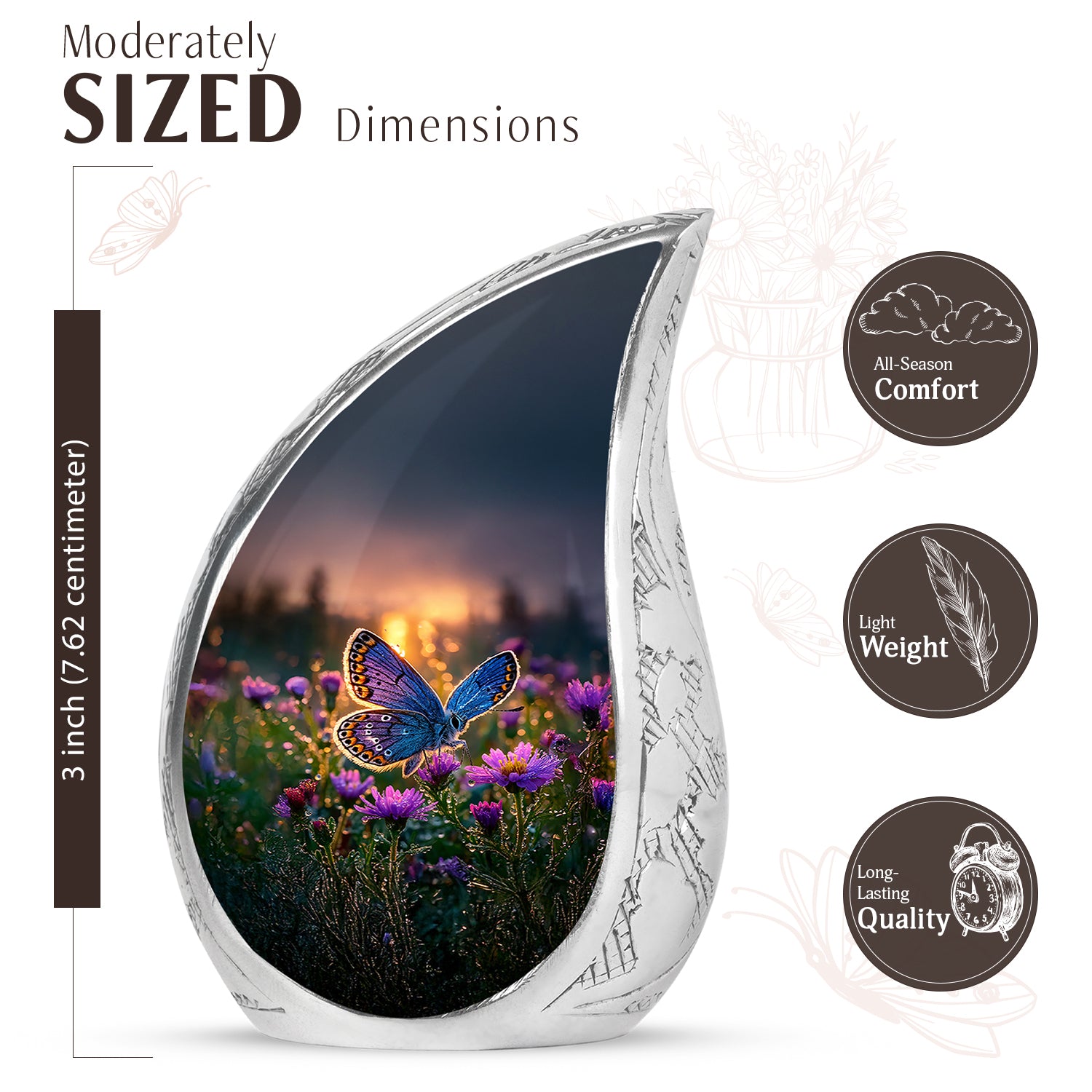 Warm Gold Butterfly Cremation Urn angled view of lid and engraved motif - graceful tear-shaped urn with butterfly motif - mini keepsake memorial for portion of cremation ashes