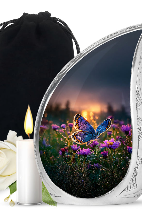Royal Gold Butterfly Cremation Urn front view showing detailed design - smooth teardrop contour featuring butterfly art - full-size 10 inch 200 cubic inch adult cremation urn
