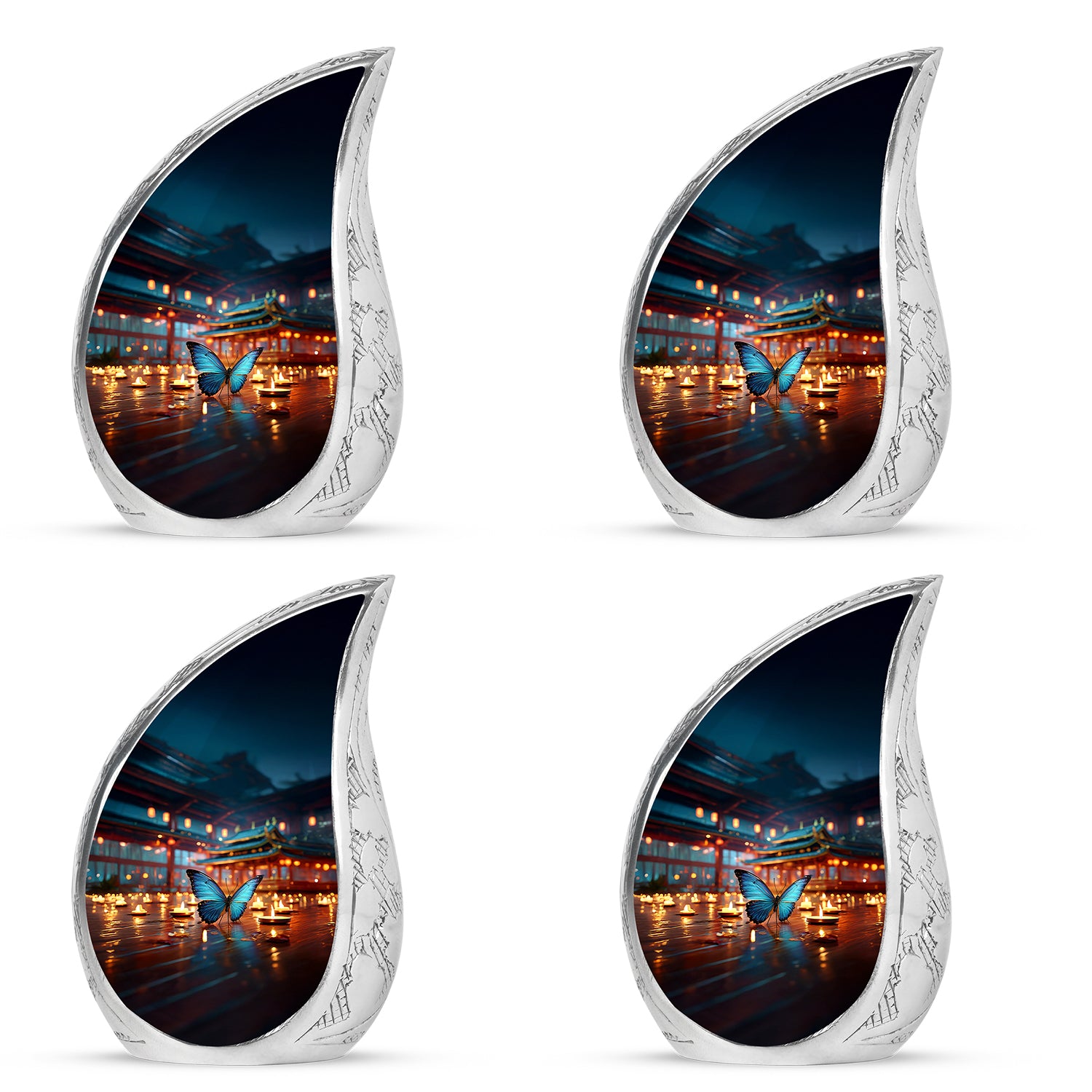 Icy Blue Butterfly Cremation Urn close-up of engraving and surface detail - rounded teardrop butterfly design with delicate detail - 10 inch aluminum urn for cremated remains