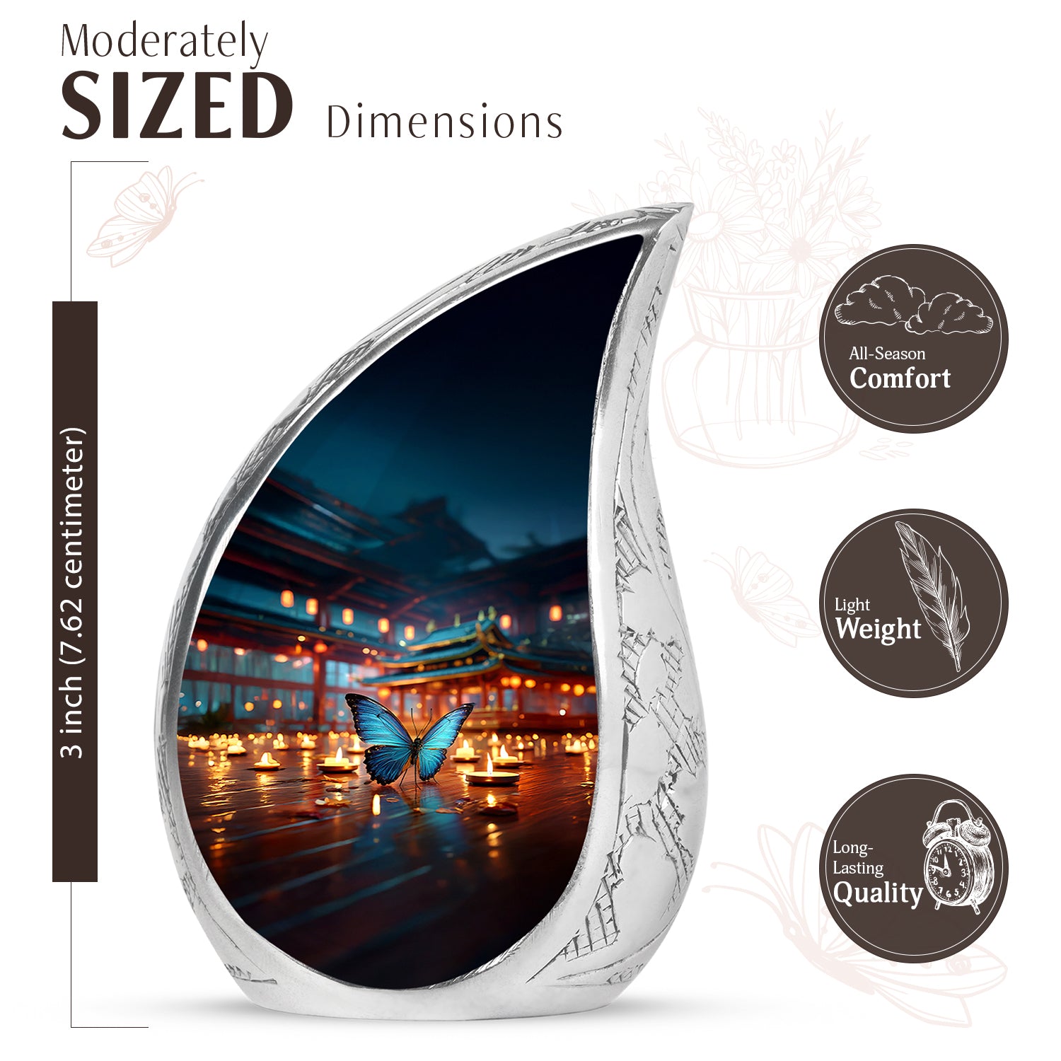 Slate Blue Butterfly Cremation Urn angled view of lid and engraved motif - flowing teardrop butterfly silhouette on curved aluminum - mini keepsake memorial for portion of cremation ashes
