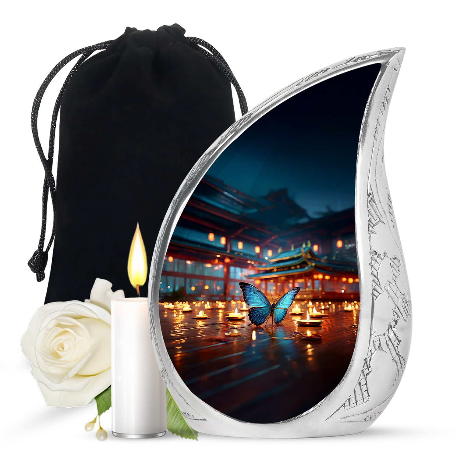 Cobalt Blue Butterfly Cremation Urn front view showing detailed design - graceful tear-shaped urn with butterfly motif - full-size 10 inch 200 cubic inch adult cremation urn