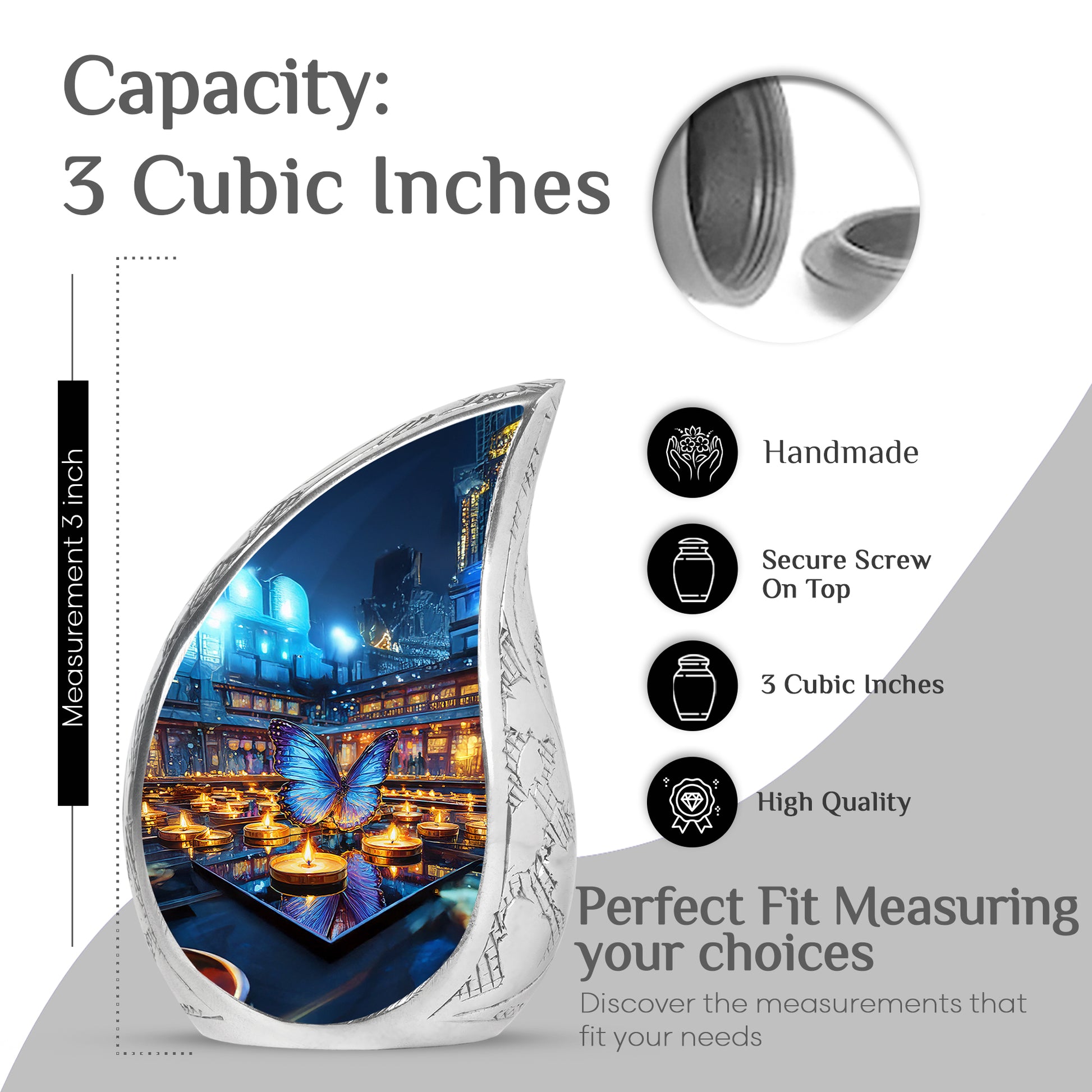 Pewter Gray Butterfly Cremation Urn angled view of lid and engraved motif - rounded teardrop butterfly design with delicate detail - mini keepsake memorial for portion of cremation ashes