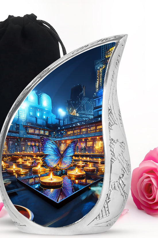 Steel Gray Butterfly Cremation Urn front view showing detailed design - smooth teardrop contour featuring butterfly art - full-size 10 inch 200 cubic inch adult cremation urn