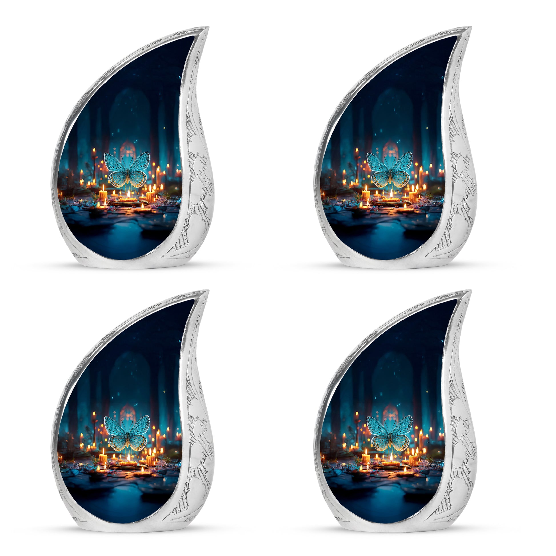 Vivid Blue Butterfly Cremation Urn close-up of engraving and surface detail - smooth teardrop contour featuring butterfly art - 10 inch aluminum urn for cremated remains