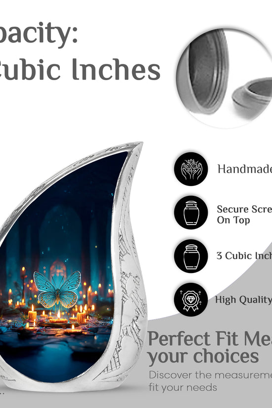 Powder Blue Butterfly Cremation Urn angled view of lid and engraved motif - flowing teardrop butterfly silhouette on curved aluminum - mini keepsake memorial for portion of cremation ashes