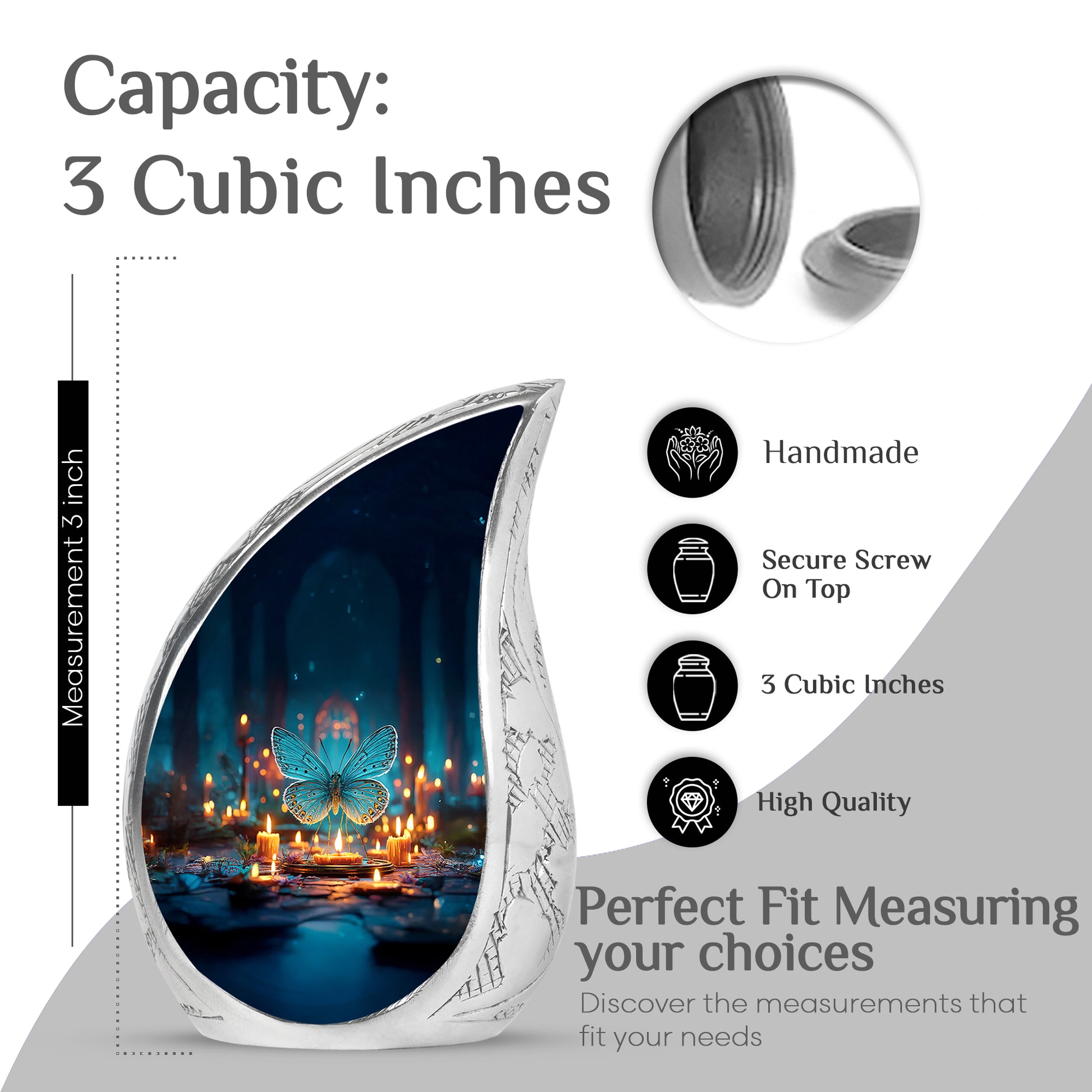 Powder Blue Butterfly Cremation Urn angled view of lid and engraved motif - flowing teardrop butterfly silhouette on curved aluminum - mini keepsake memorial for portion of cremation ashes