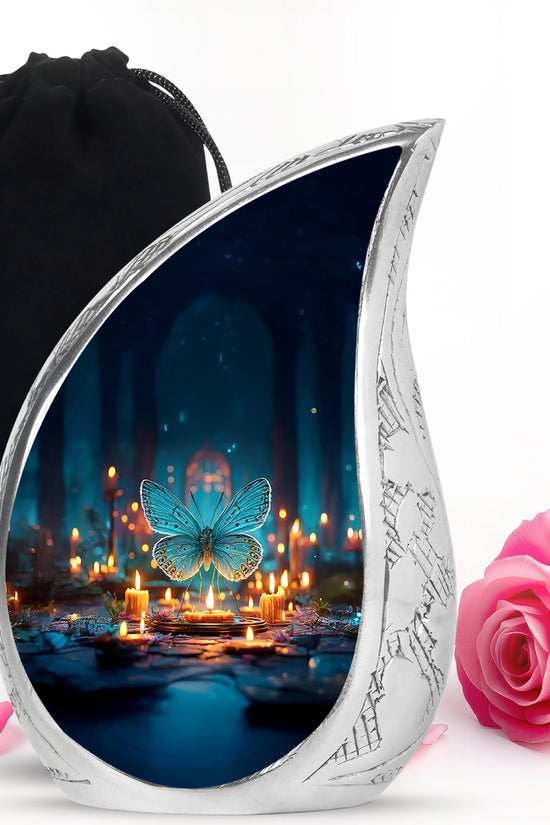 Indigo Butterfly Cremation Urn front view showing detailed design - rounded teardrop butterfly design with delicate detail - full-size 10 inch 200 cubic inch adult cremation urn