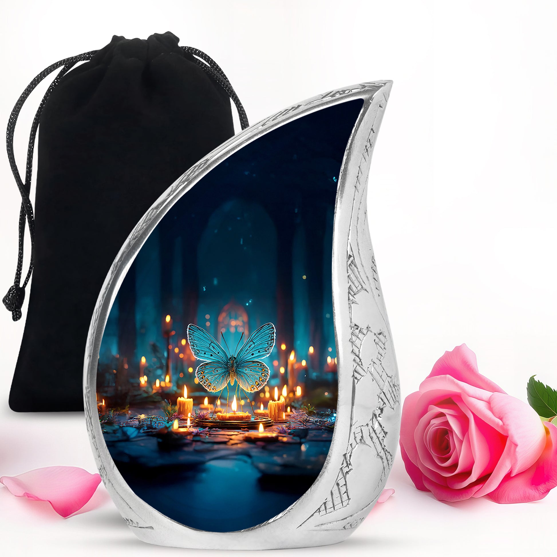 Indigo Butterfly Cremation Urn front view showing detailed design - rounded teardrop butterfly design with delicate detail - full-size 10 inch 200 cubic inch adult cremation urn