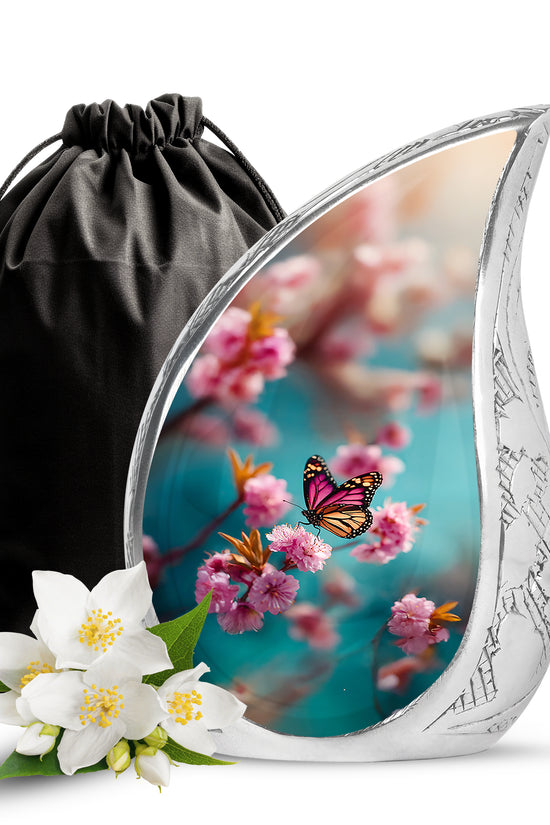 Pink Butterfly Funeral Urn - Floral Cremation Urn For Human Ashes