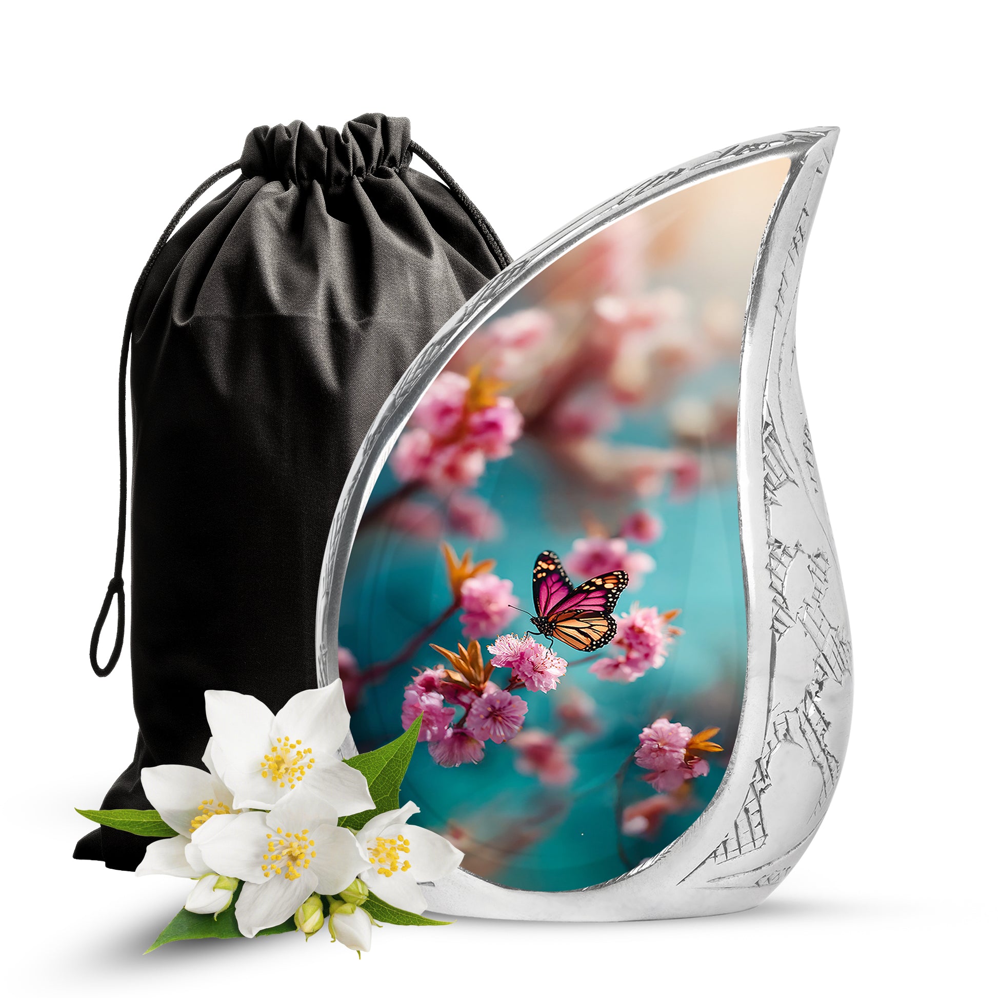 Pink Butterfly Funeral Urn - Floral Cremation Urn For Human Ashes