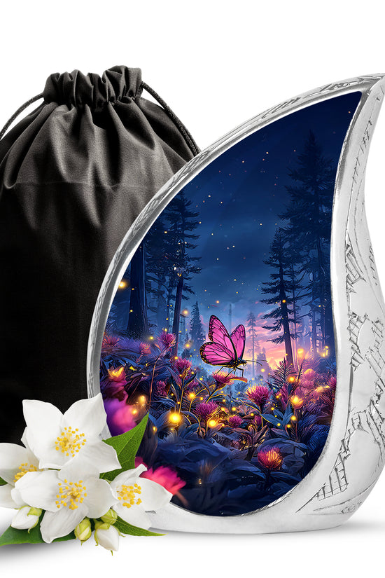 Pink Butterfly Forest Funeral Urn - Pink Flower Theme Cremation Urn For Burial