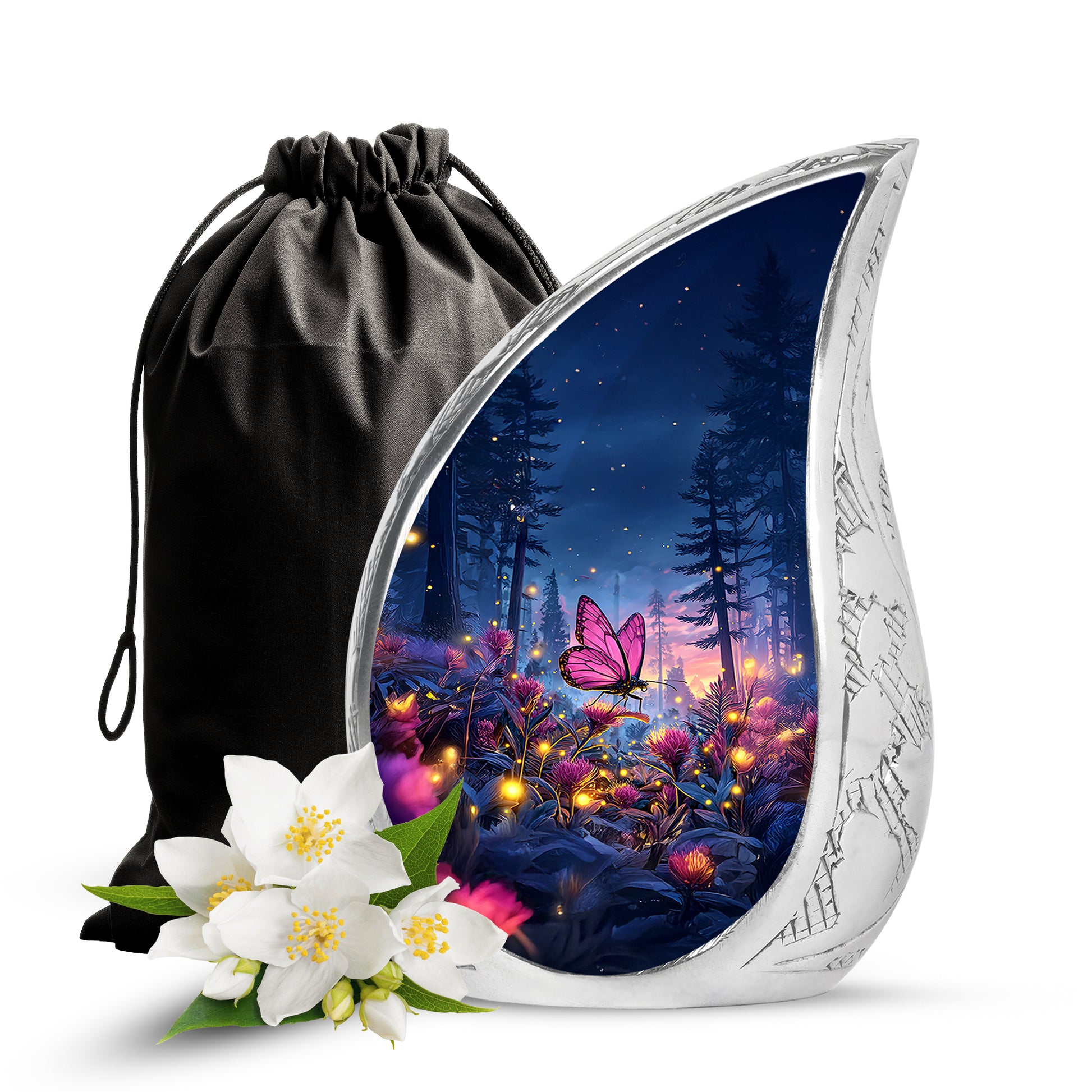 Pink Butterfly Forest Funeral Urn - Pink Flower Theme Cremation Urn For Burial