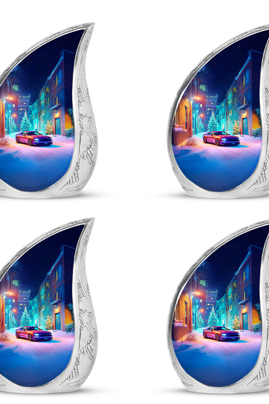 Bright Blue Car Cremation Urn close-up of engraving and surface detail - graceful tear-shaped urn with car motif - 10 inch aluminum urn for cremated remains