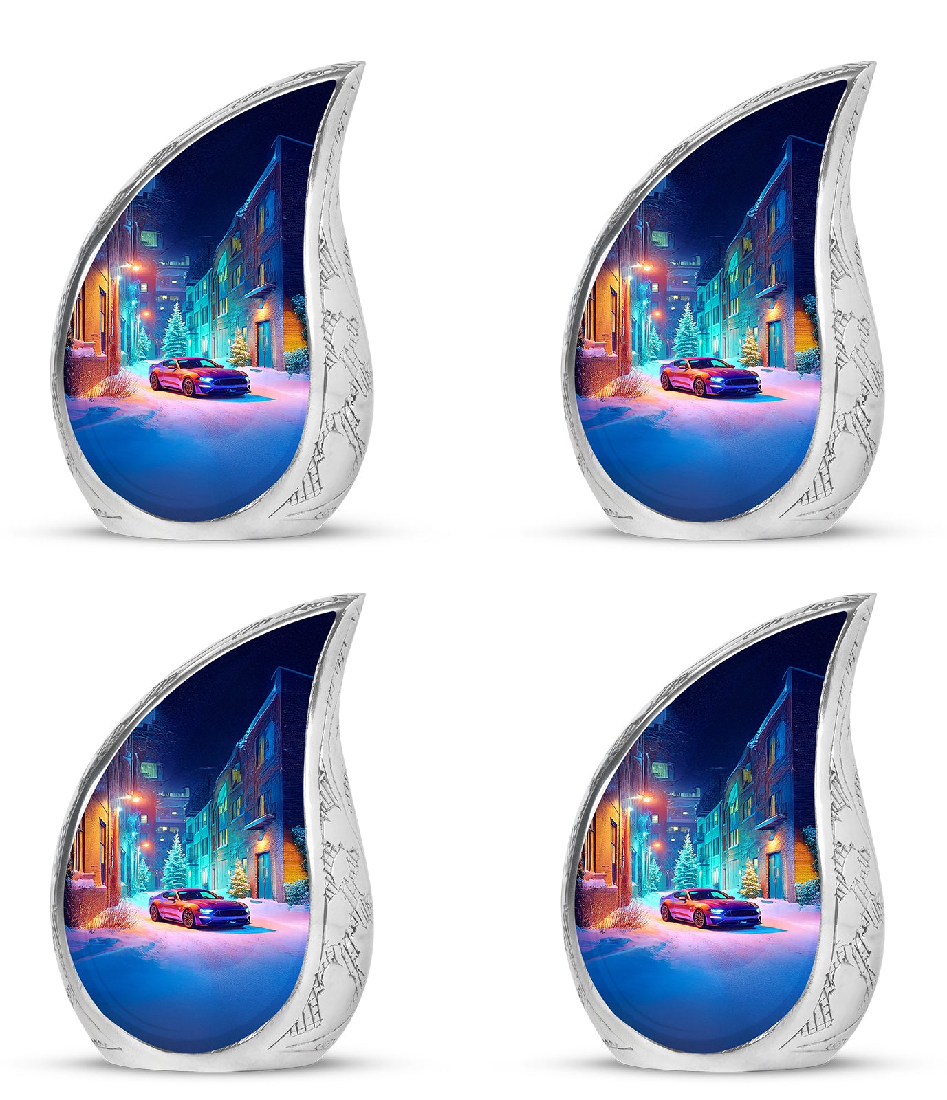 Bright Blue Car Cremation Urn close-up of engraving and surface detail - graceful tear-shaped urn with car motif - 10 inch aluminum urn for cremated remains
