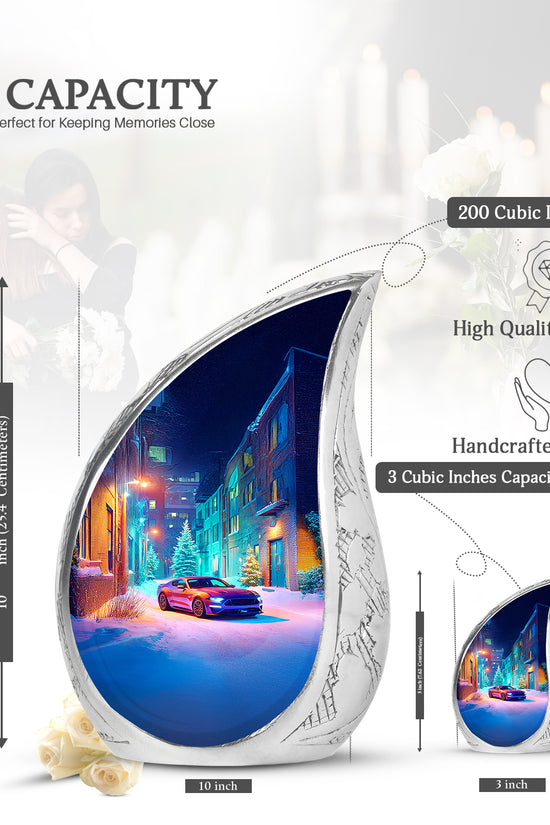 Celestial Blue Car Cremation Urn angled view of lid and engraved motif - rounded teardrop car design with delicate detail - mini keepsake memorial for portion of cremation ashes