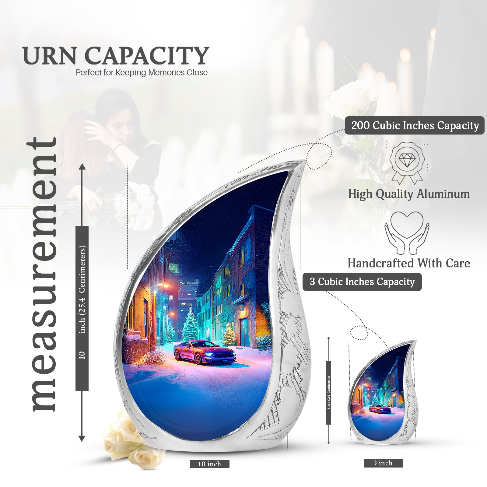 Celestial Blue Car Cremation Urn angled view of lid and engraved motif - rounded teardrop car design with delicate detail - mini keepsake memorial for portion of cremation ashes