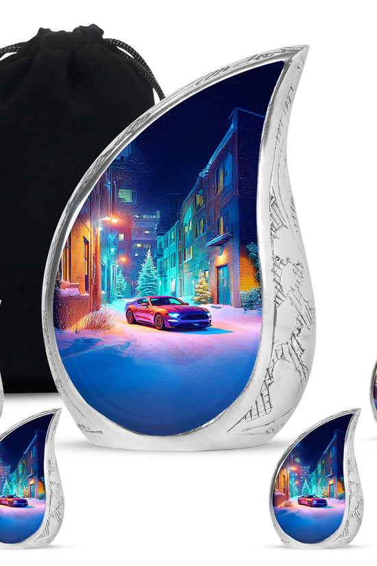 Azure Car Cremation Urn side profile showing urn shape - rounded teardrop car design with delicate detail - memorial set with one large and four small urns