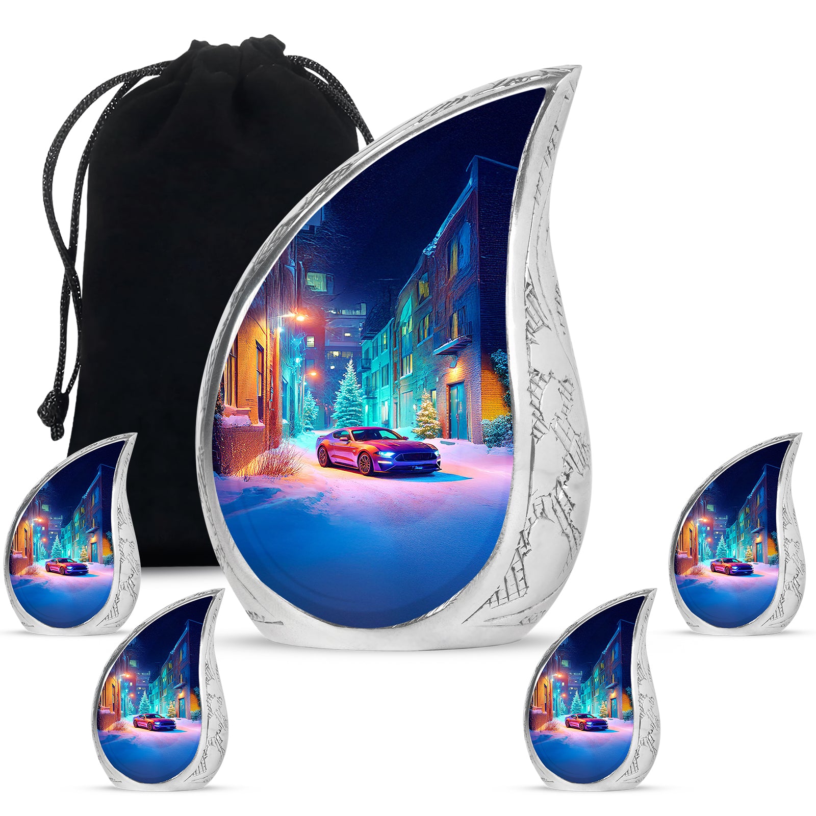 Azure Car Cremation Urn side profile showing urn shape - rounded teardrop car design with delicate detail - memorial set with one large and four small urns