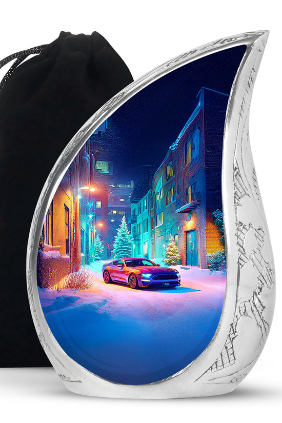 Bright Blue Car Cremation Urn front view showing detailed design - smooth teardrop contour featuring car art - full-size 10 inch 200 cubic inch adult cremation urn