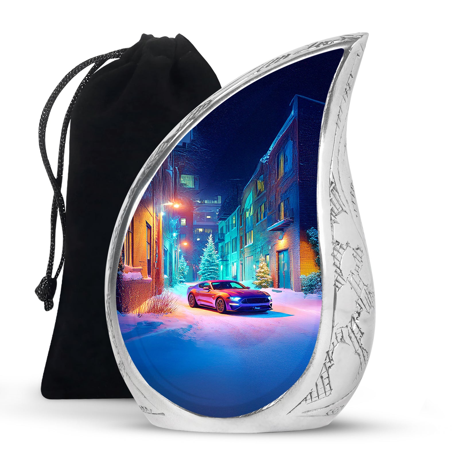 Bright Blue Car Cremation Urn front view showing detailed design - smooth teardrop contour featuring car art - full-size 10 inch 200 cubic inch adult cremation urn
