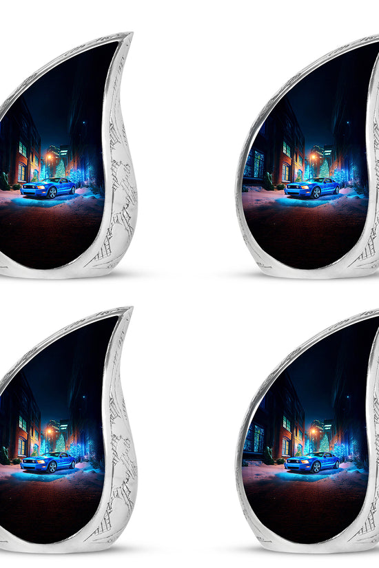 Navy Blue Car Cremation Urn close-up of engraving and surface detail - rounded teardrop car design with delicate detail - 10 inch aluminum urn for cremated remains